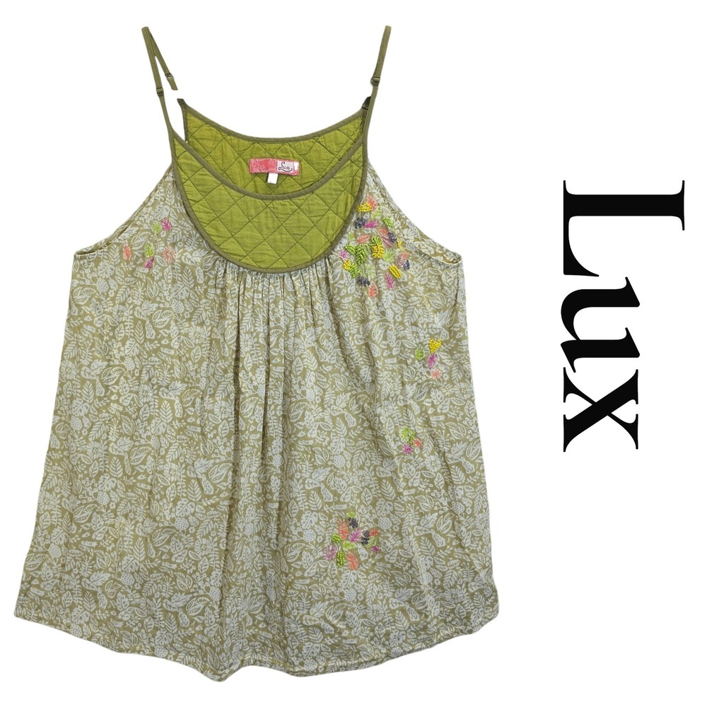 Urban Outfitters Lux Camisole‎ Tank M Green Y2K Beaded Embroidered Quilted
